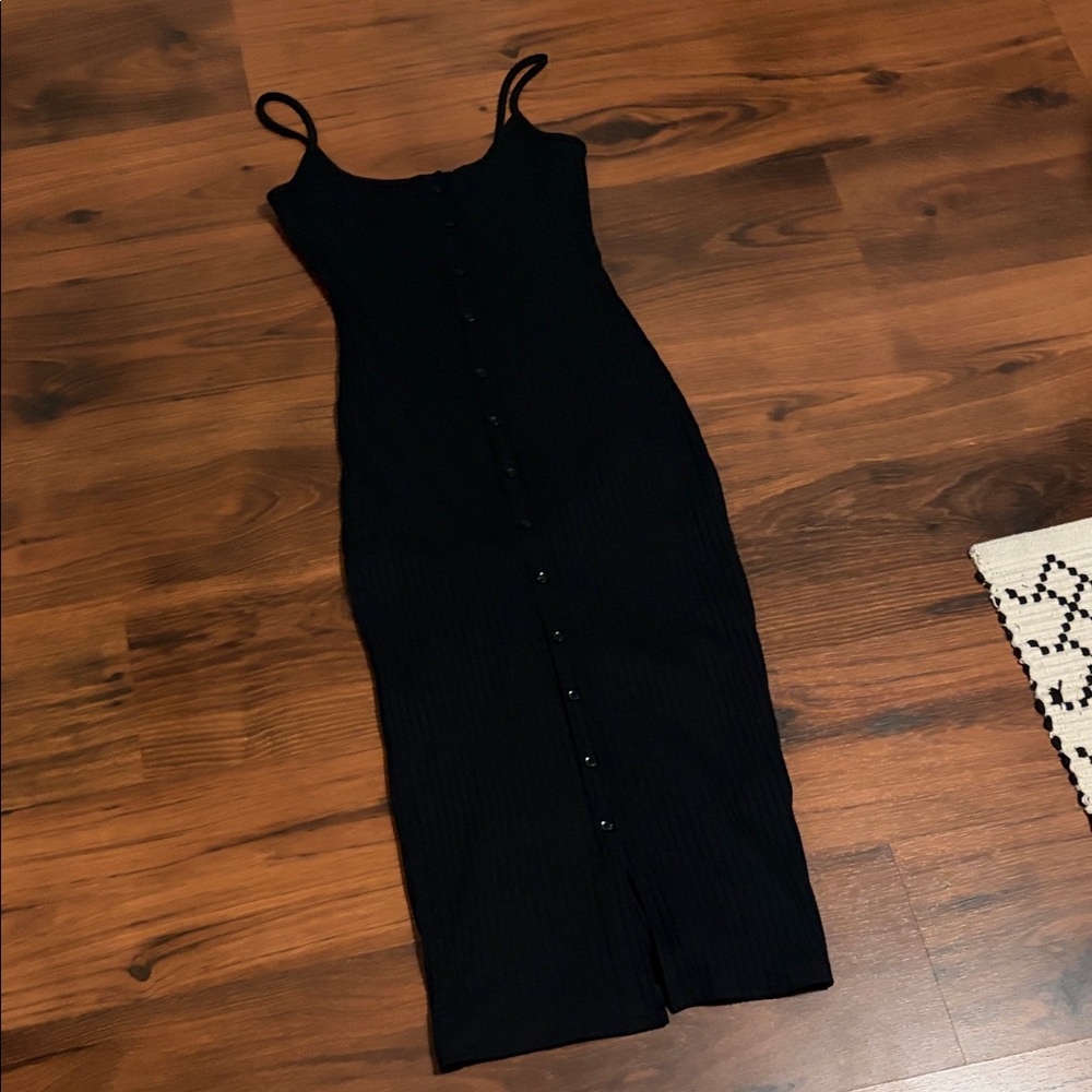 Zara Black Ribbed Button-Front Slip Dress 🖤